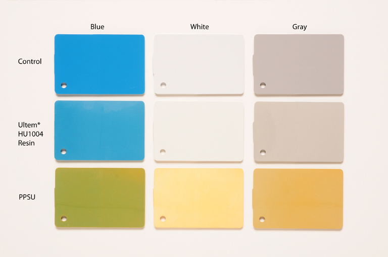 STERRADR NX?処理300サイクル後のUltem* HU1004樹脂の色ズレは僅少で、基準サンプル（Control）との差はほぼ見られない。PPSUサンプルでは青が緑に、白およびグレーが黄色へと著しい色ズレが見られる。