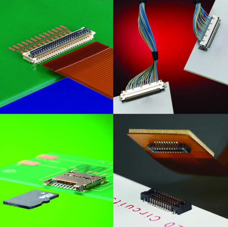 モレックスの医療機器向け小型コネクター製品群 /左上：0.25mmピッチ下面接触FPC用コネクター/ 右上：0.40mmピッチ電線対基板用（細線同軸）コネクター/ 左下：microSD*カード用コネクター製品高さ1.28mm/ 右下：SlimStack? 0.40mmピッチ基板対基板用コネクター