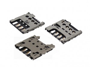 プッシュ・プル式「micro-SIMカードソケット」の新製品3種、左上: 78646(1.45mm厚) 中央下: 78723(1.35mm厚) 右上: 78727(1.40mm厚)