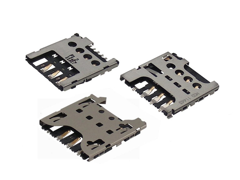 プッシュ・プル式「micro-SIMカードソケット」の新製品3種、左上：　78646（1.45mm厚） 中央下：　78723（1.35mm厚） 右上：　78727（1.40mm厚）