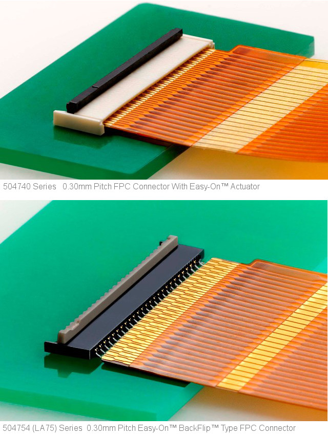 0.30mmピッチFPCコネクター 上：　504740シリーズ、下：　504754 (LA75) シリーズ